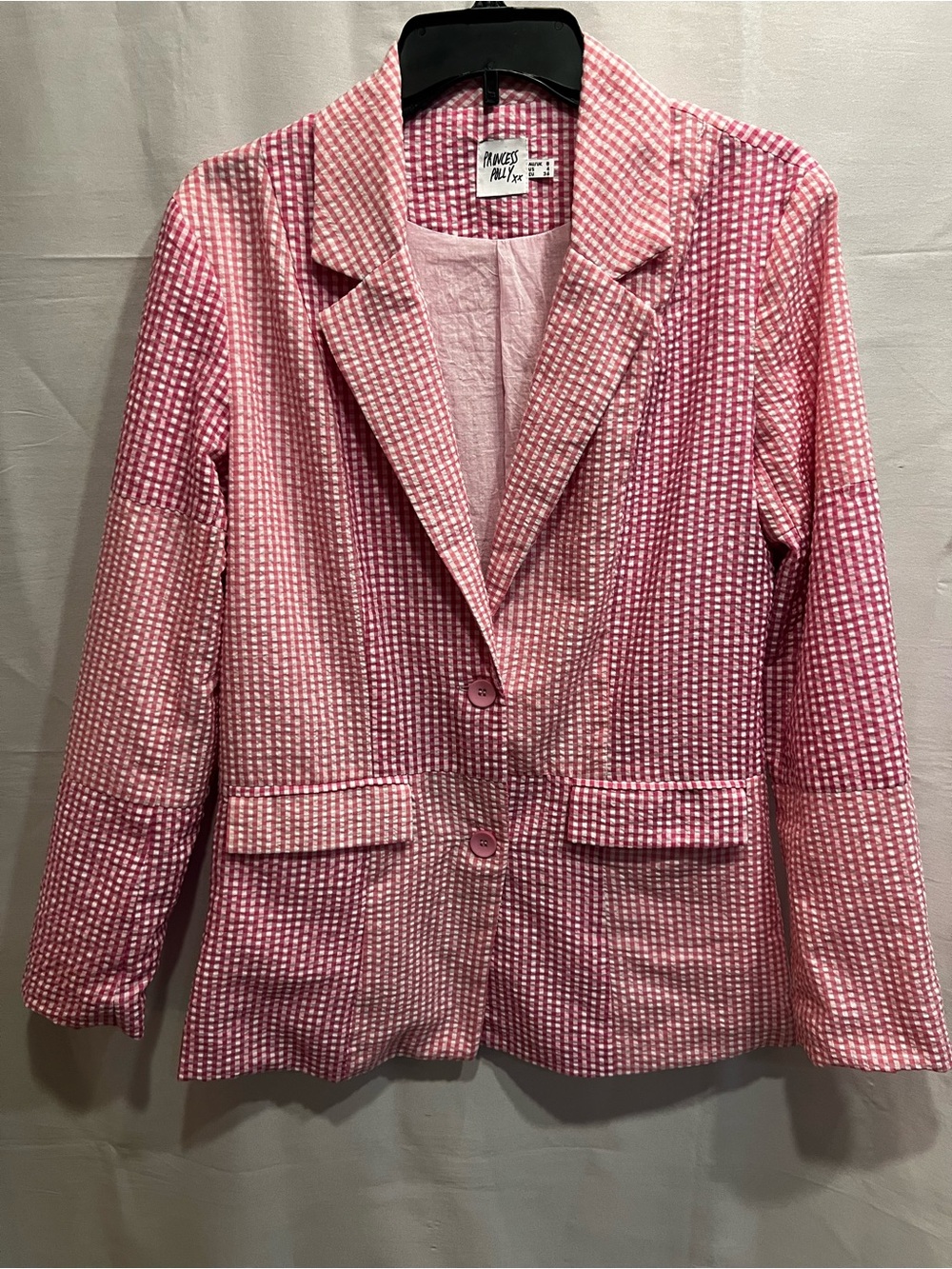 Princess Polly Pink Seersucker Gingham Patchwork Blazer Size 4